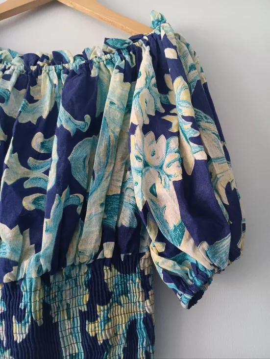 Antica Sartoria Blue Floral Off Shoulder Top OS Smocked Cotton Puff Sleeve - Picture 4 of 7